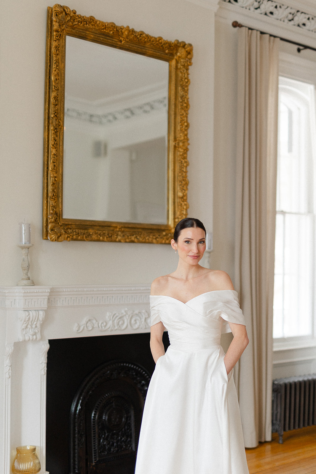 off the shoulder satin wedding dress with pockets