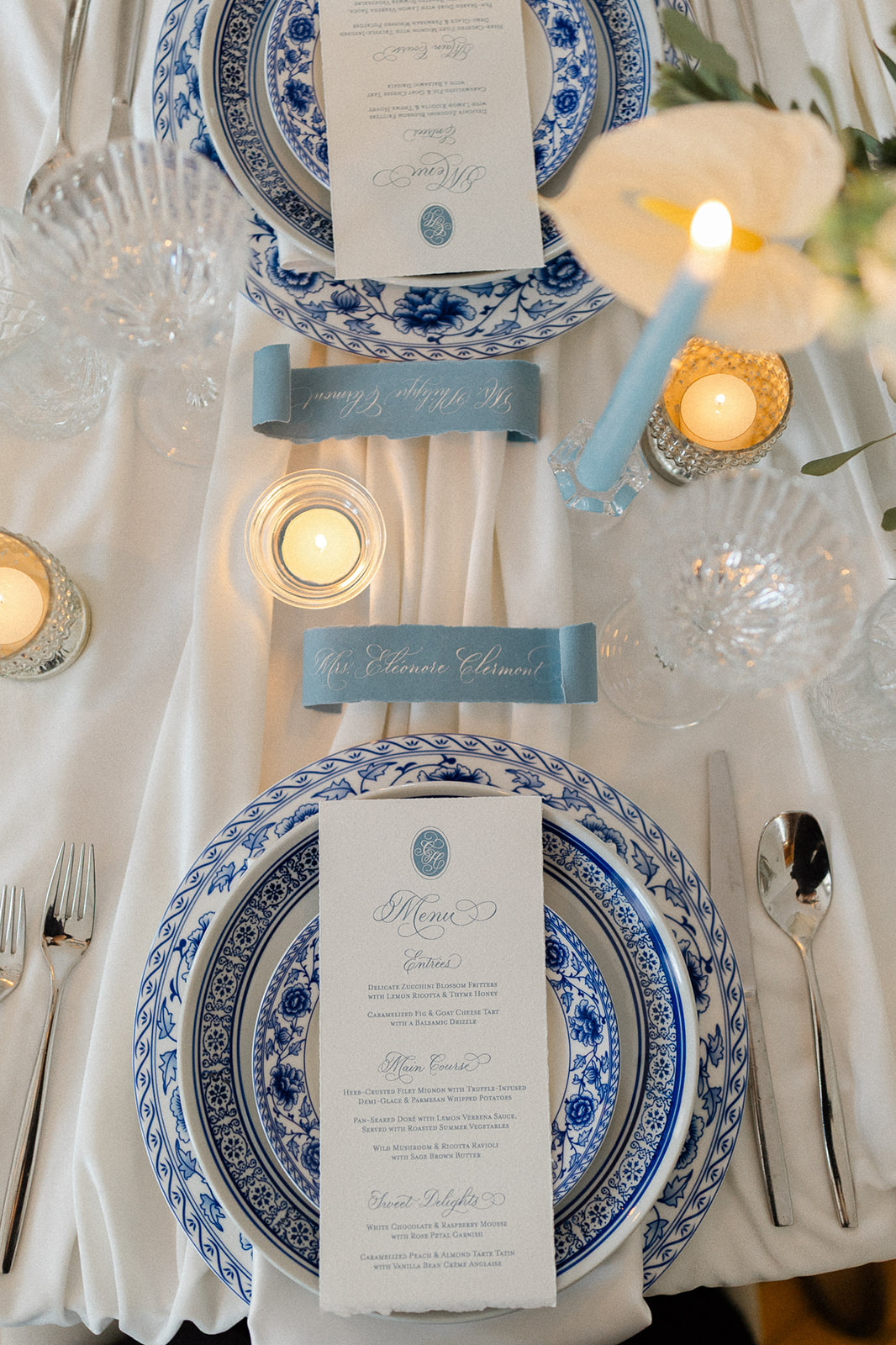 blue and white china place settings