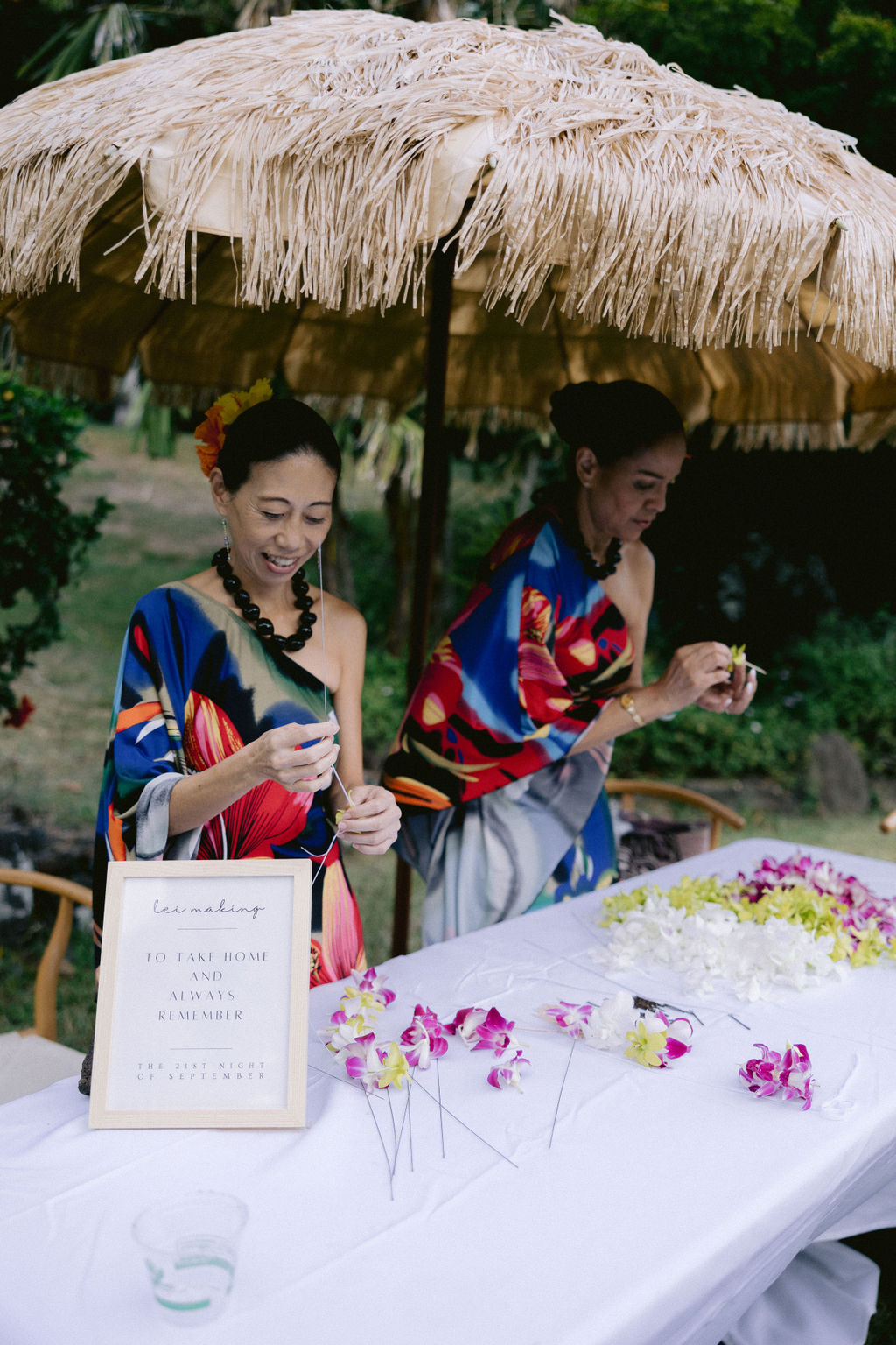 lei making station at wedding