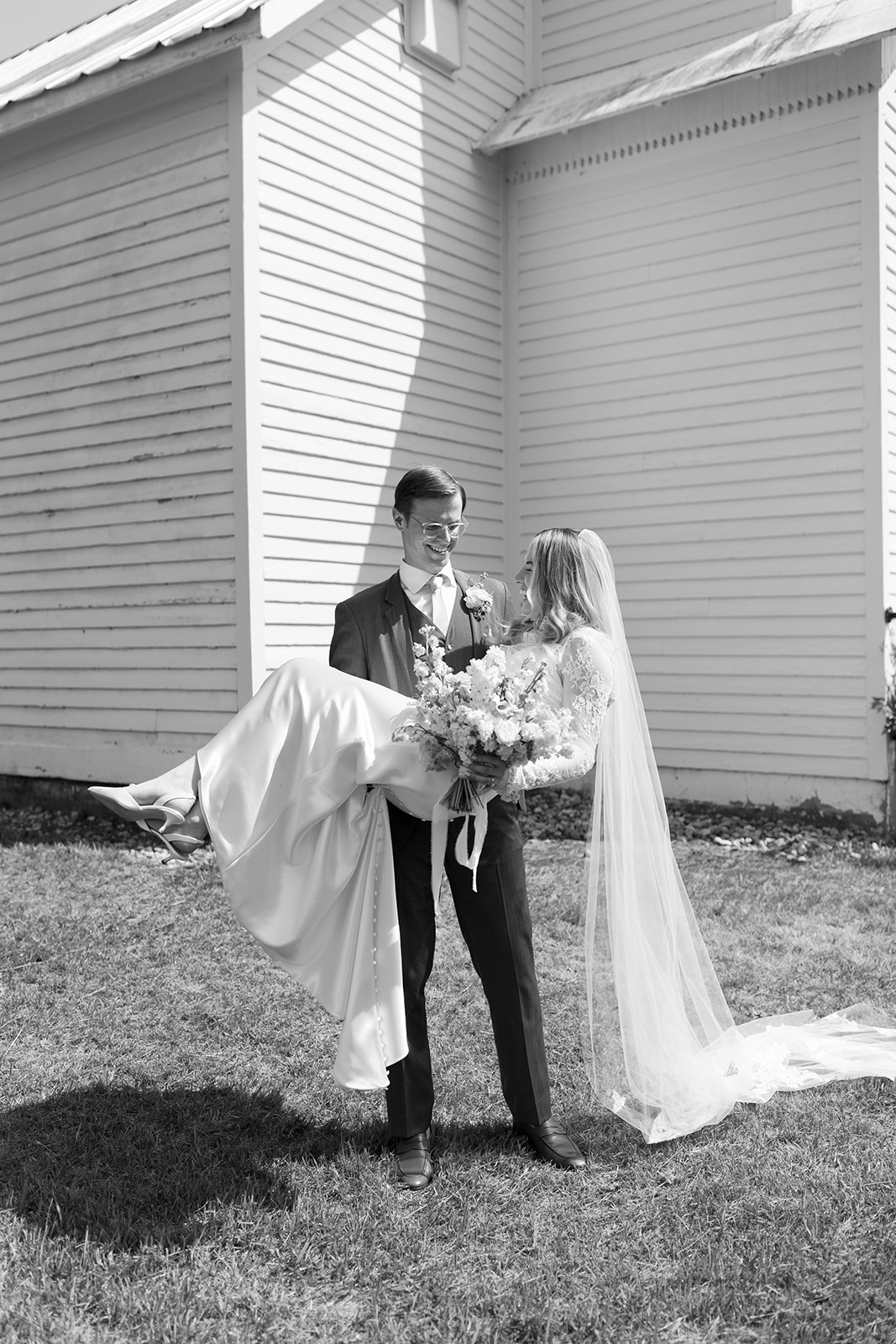 chapel wedding in black and white photos