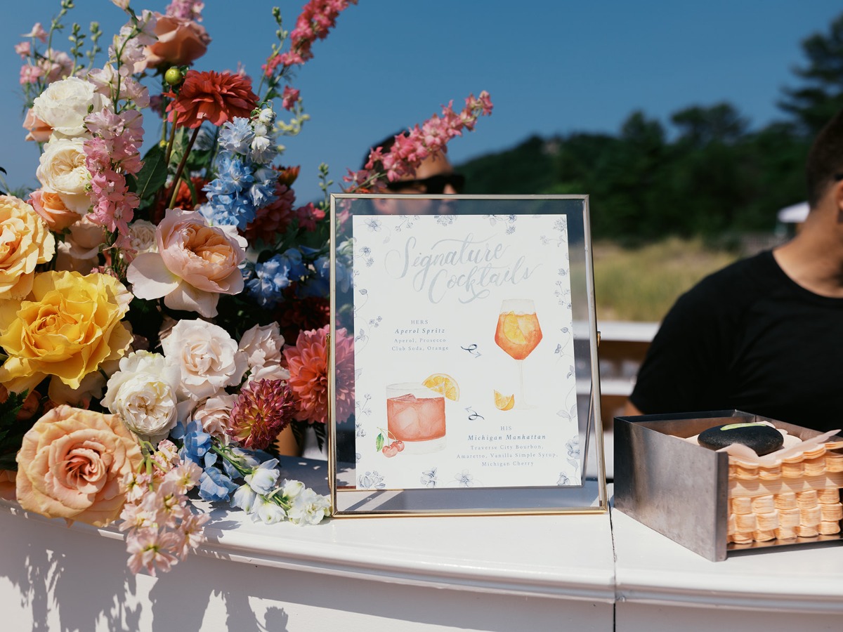 pastel wedding bar with signature cocktails