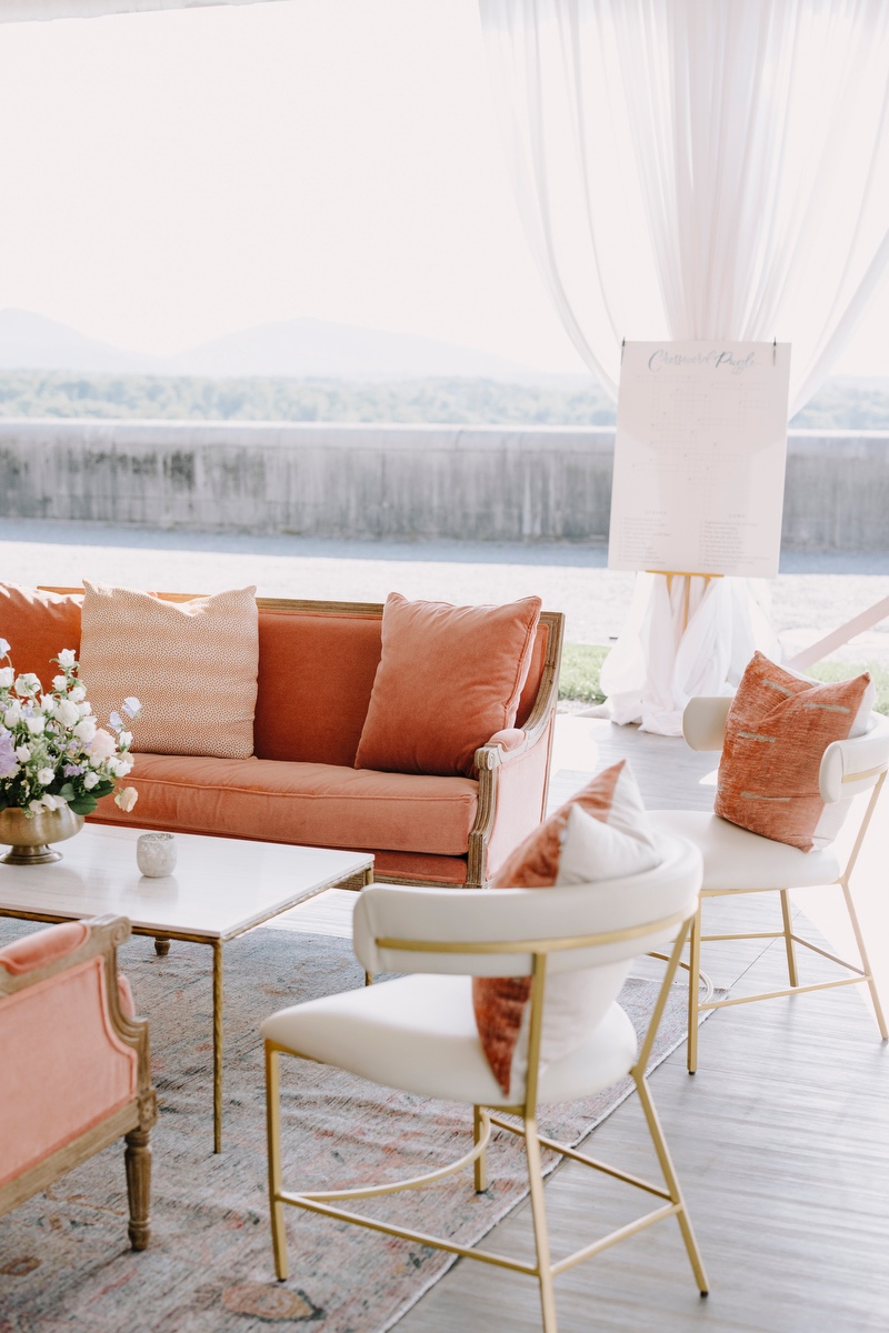 pastel orange velvet lounge for wedding