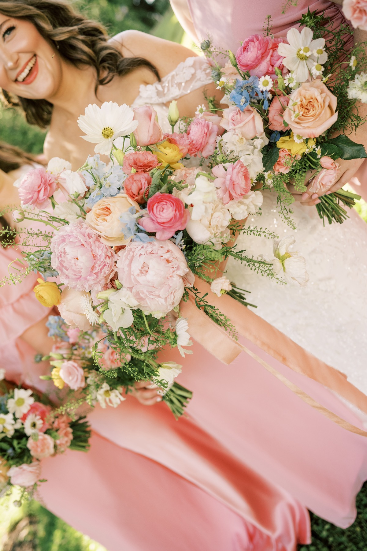 summer wedding bouquet with pink peonies