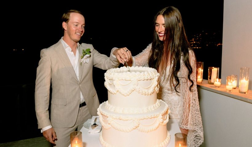 This bride channeled 70s elegance for her amalfi coast wedding in a winged gown by Galia Lahav.
