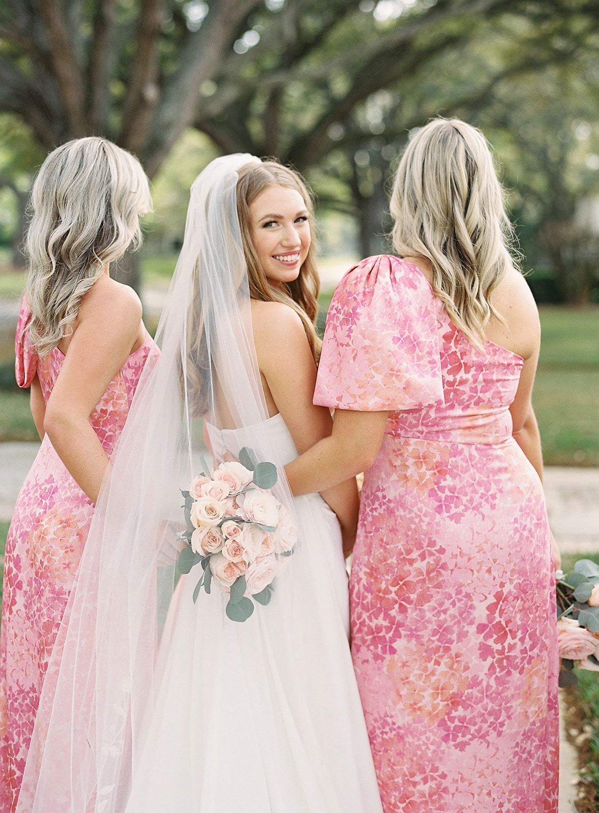 pink patterned bridesmaid dresses