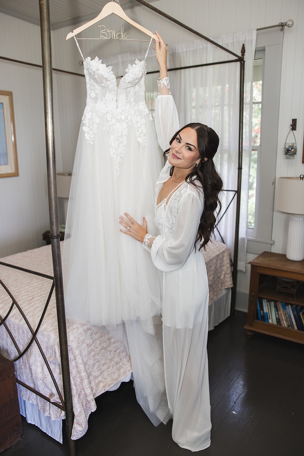 strapless lace wedding dress getting ready photos